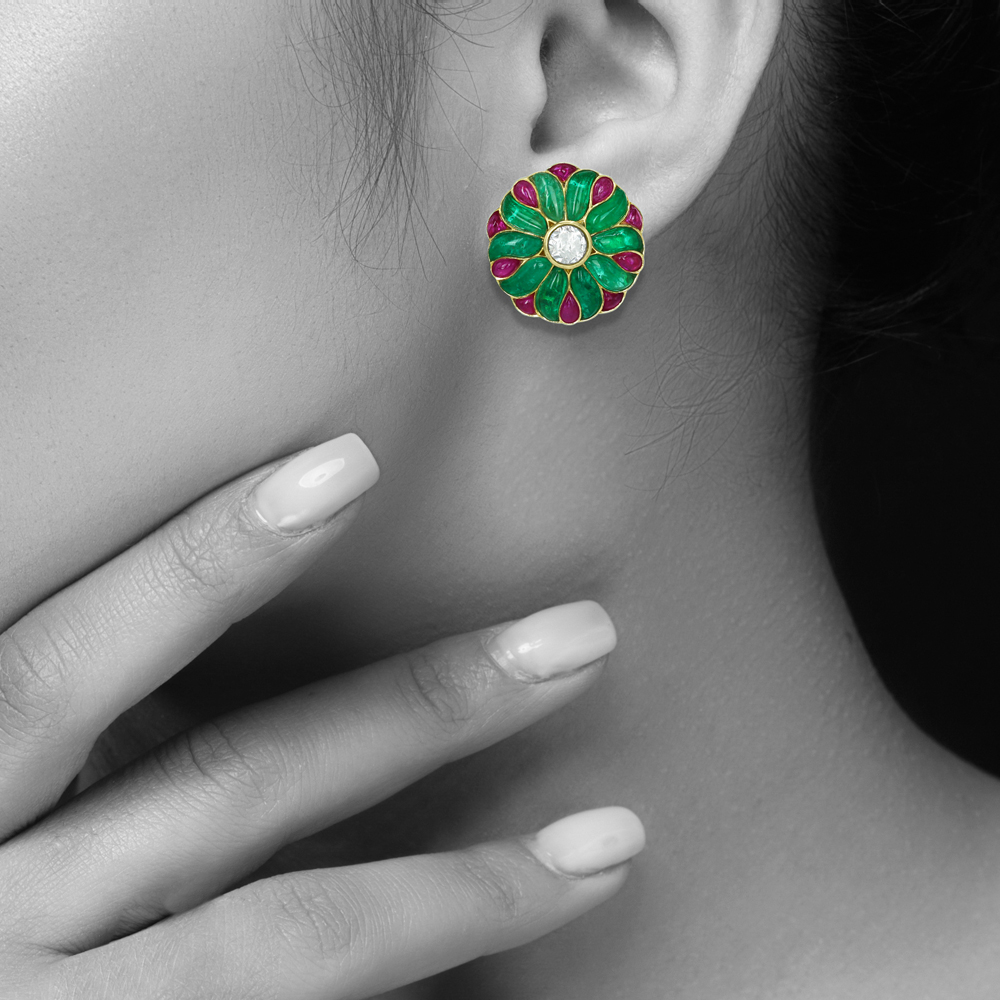 Floral Polki Stud Earrings with Emerald and Ruby Petals
